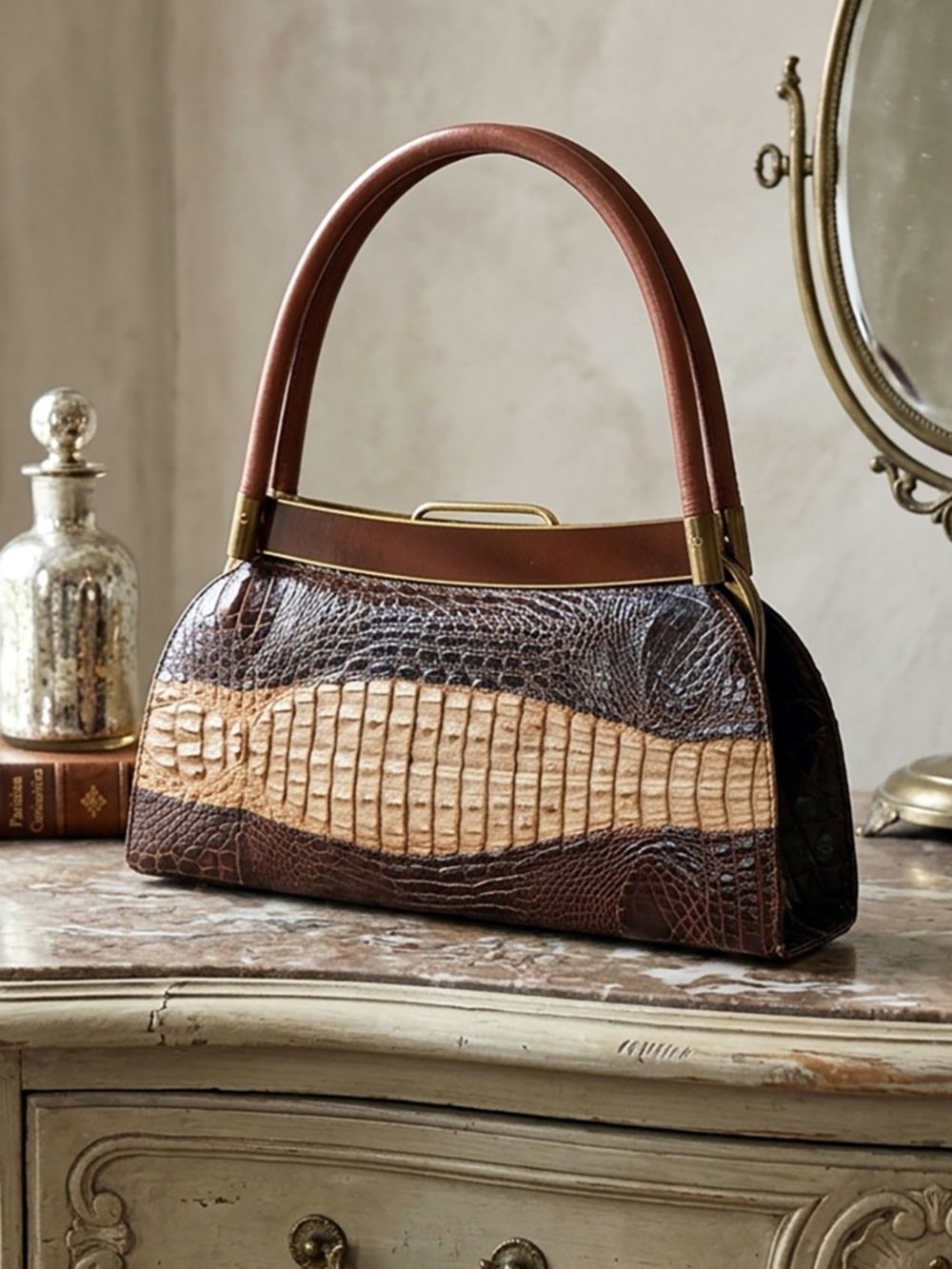 Vintage Genuine Crocodile Leather Handbag. 1960s Two-Tone Brown Luxury Purse.